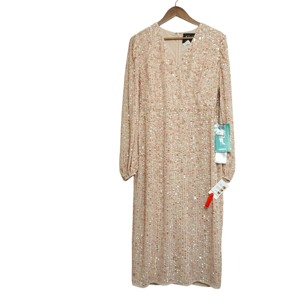 Mac Duggal Pink Nude Sequin V-Neck Long‎ Sleeve Midi Dress Size 10 NWT Formal